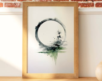May include: A framed watercolor painting of a green and black tree with a circle around it, on a wooden table with a wooden vase and a wooden ball.