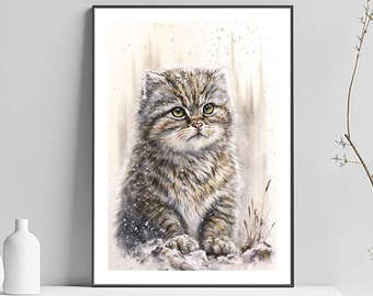 Ilustración de gato, lámina de arte kawaii, lámina de arte de gato, arte de pared de gato, arte de pared imprimible, linda obra de arte de gato, lindo dibujo de arte manual