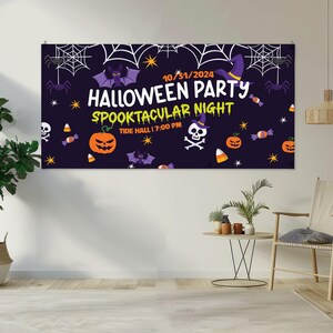 May include: A Halloween party banner with a dark purple background. The banner features white spiderwebs, bats, pumpkins, candy corn, and the text "Halloween Party Spooktacular Night" with the date 10/31/2024.