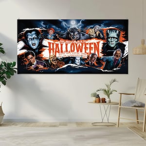 May include: A Halloween-themed banner featuring classic monster movie characters like Dracula, Frankenstein, and a werewolf. The banner has a dark background with the word "HALLOWEEN" in large orange letters. The text also includes the date and time of the event.