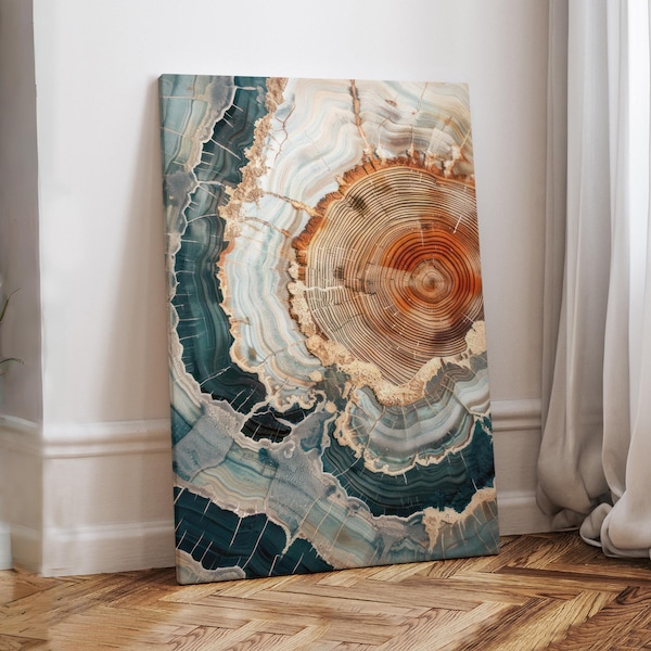 Skandinavische abstrakte Kunst, Leinwand auf Leinwand, Originalkunstwerk, Holzringe, Baumringe, moderne Kunst