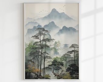 May include: A watercolor painting of a misty mountain landscape with a pagoda in the distance. The painting features a variety of trees and foliage in shades of green, blue, and gray.