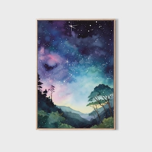 Himmlische Wandkunst, Weltraumkunst, Weltall Poster, Nachthimmel Wandkunst, Abendhimmel Kunstwerk, Aquarell Kunstdruck, Sternenklare Nacht