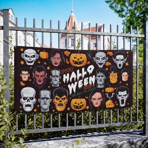 May include: A black Halloween banner with various spooky character illustrations, pumpkins, and stars. The banner reads "Spooky Halloween Night" with the time and date. The banner is hanging on a metal fence.
