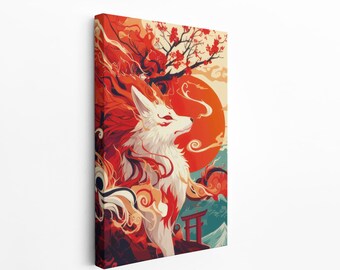 日本のキャンバス絵画、キャンバスに描かれたオリジナルアート、キツネ