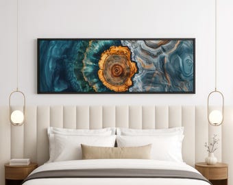 Nordic Tree Ring Art, Scandinavian Framed Canvas, Abstract Wood Slice Wall Art, Long Landscape Art for Living Room, Minimalist Decor