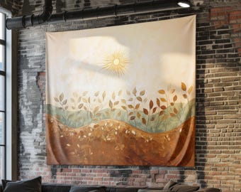 Boho Sunburst Tapestry, Sacred Geometry Wall Hanging, Abstract Floral Art, Minimalist Fabric Decor, Earthy Tones Bohemian Wall Decor