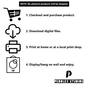 May include: A black and white illustration showing the steps to download and print a digital product. The steps are: 1. Checkout and purchase product. 2. Download digital files. 3. Print at home or at a local print shop. 4. Display/hang on wall and enjoy. The illustration includes a shopping cart, a cloud with a download arrow, a printer, and a framed picture.