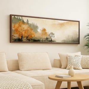 Living Room Wall Decor Above Couch, Japandi Landscape Art Print, Minimalist Neutral Painting for Bedroom, Tranquil Forest and Lake Scene