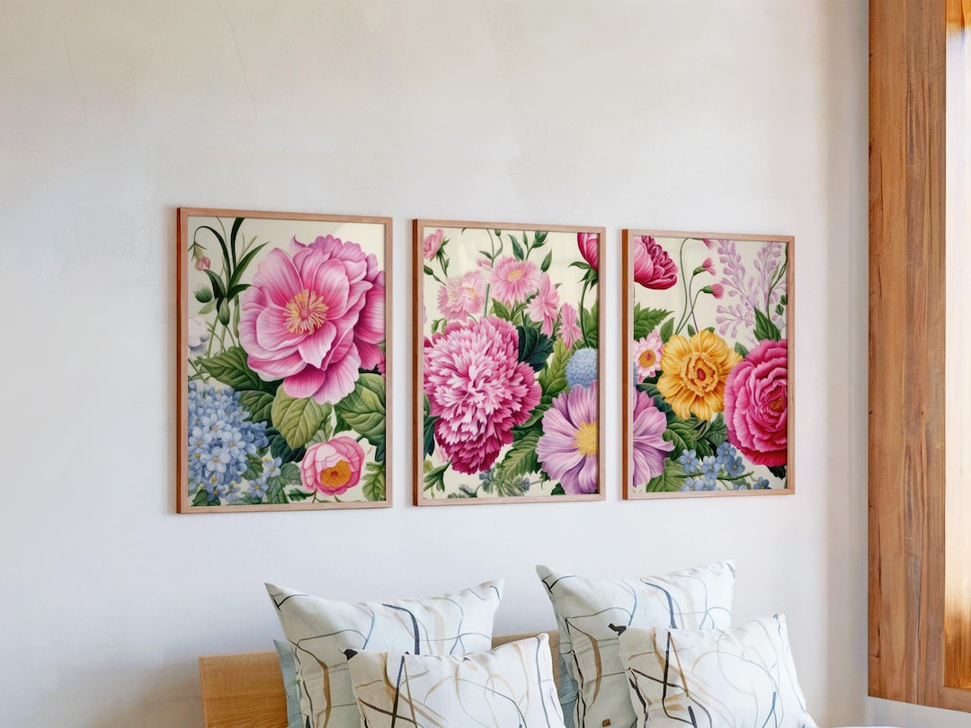 Set of 3 Pink & Blue Floral Wall Art, Bright Bloom Triptych Prints ...