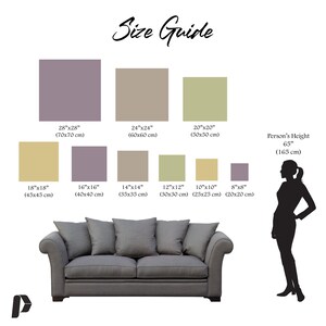 May include: Size guide for a canvas print showing different sizes in inches and centimeters. The guide includes a person silhouette to show the size of the canvas print in relation to a person's height. The text "Size Guide" is at the top of the image.