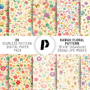 Cute Floral Digital Paper, Kawaii Style Flower Seamless Pattern, Pastel Nature Background, Whimsical Garden Scrapbook, Sweet Craft Prints