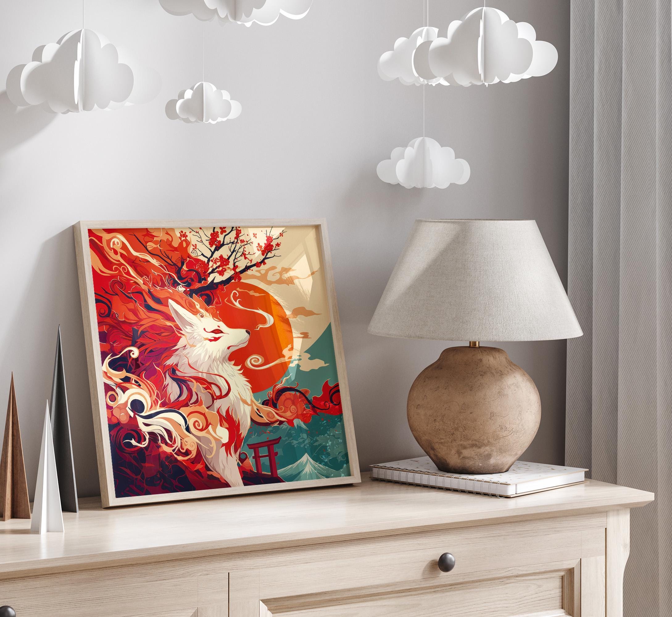 Fox Art Japanese Kitsune Wall Print Print, Nine Tailed com 