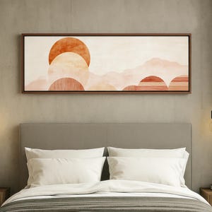 Longue oeuvre d'art horizontale au-dessus du lit, décoration murale de salon au-dessus d'un canapé, grande toile bohème géométrique, oeuvre d'art abstraite neutre pour entrée ou couloir