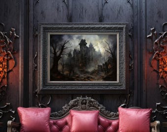 May include: A framed painting of a gothic castle scene hangs above a red leather sofa with three square pillows. The painting is dark and moody, with a focus on the castle and surrounding trees. The wall is dark gray with ornate carvings.
