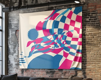 Warped Checker Tapestry with Abstract Sun, Retro Graphic Wall Hanging, Pink and Blue Boho Decor, Play Haus Style Fabric Art for Bedroom