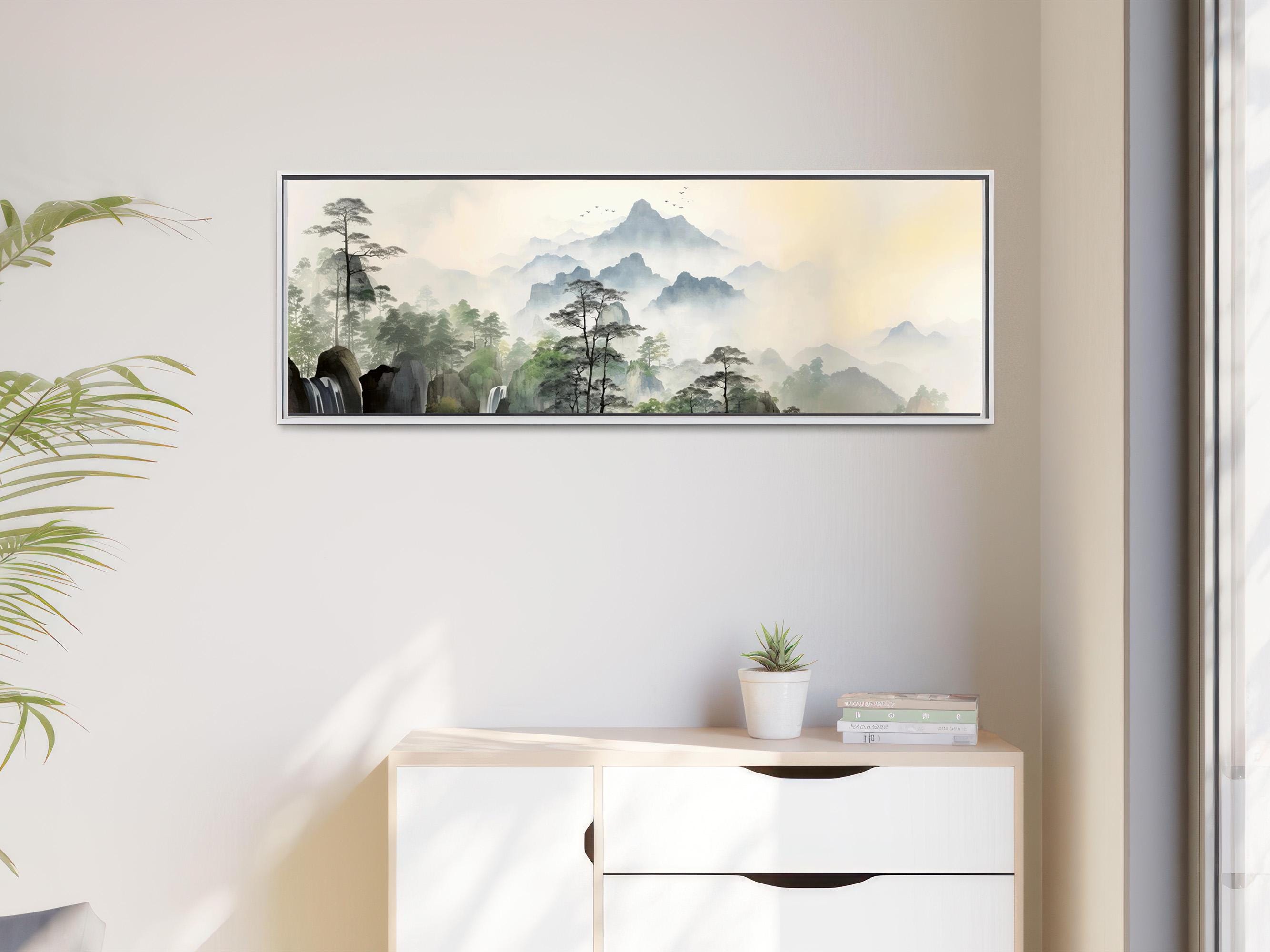 Framed Canvas Japandi Art, Panoramic Art on Framed Canvas, Long