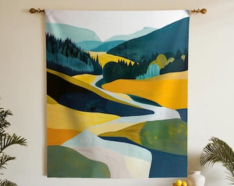 Abstract Summer Tapestry, Scandinavian Wall Hanging, Minimalist Art Decor, Cheerful Fabric Wall Art, Nordic Home Decor, Yellow Green Blue
