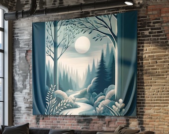 Moonlit Forest Tapestry, Blue Night Sky Wall Art, Mystical Tree Fabric Hanging, Serene Nature Scene for Bedroom, Celestial Wall Decor