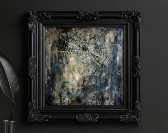 May include: Square black framed artwork featuring a spider and web design. The spider is black and centered in the web. The background has a dark, moody color palette with shades of gray, brown, and blue. The frame has ornate detailing.