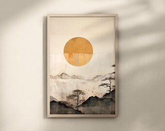 Japandi Rustikaler minimalistischer Kunstdruck, Dekor im skandinavischen japanischen Stil, Wabi-Sabi Hygge Helle Farben, ruhiges Porträtpapier, matt