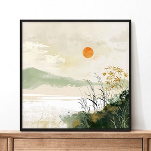 May include: A digital painting of a landscape with a large orange sun in the sky, green hills, and a body of water in the foreground. The water is surrounded by tall green grass and reeds.