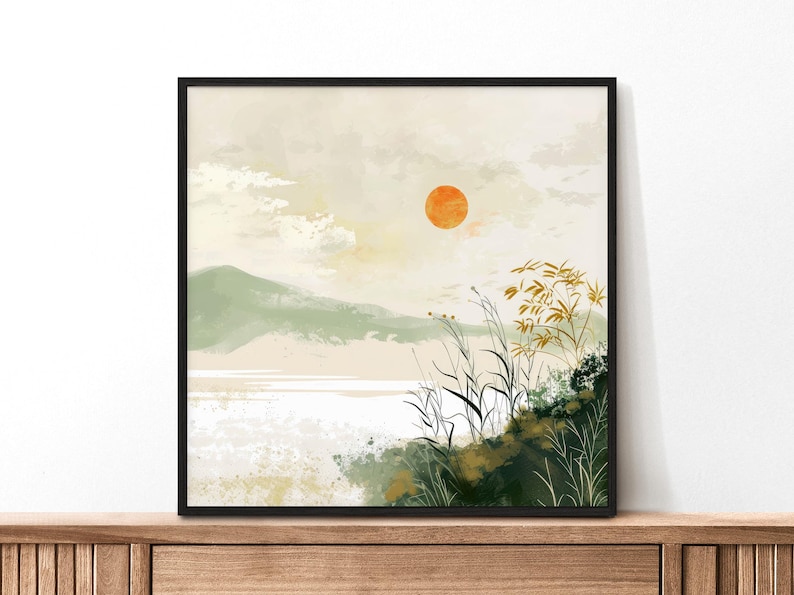 May include: A digital painting of a landscape with a large orange sun in the sky, green hills, and a body of water in the foreground. The water is surrounded by tall green grass and reeds.