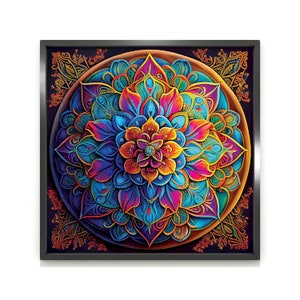 K&ouml;nnte beinhalten: Ein farbenfrohes Mandala-Design mit filigranen Details in Blaut&ouml;nen, Lila, Rosa, Orange und Gelb. Das Mandala ist in einem schwarzen Rahmen gerahmt.