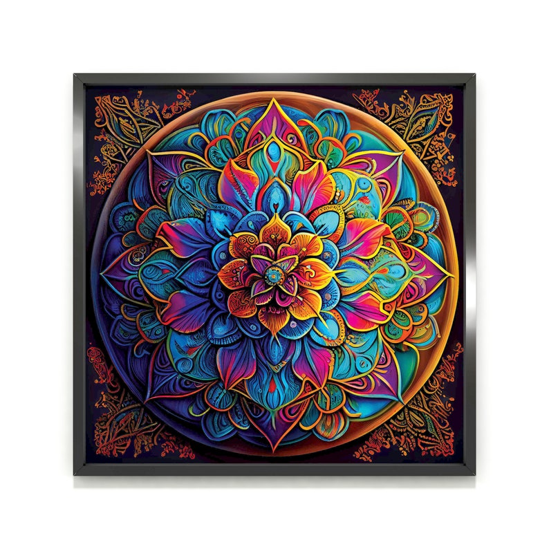 K&ouml;nnte beinhalten: Ein farbenfrohes Mandala-Design mit filigranen Details in Blaut&ouml;nen, Lila, Rosa, Orange und Gelb. Das Mandala ist in einem schwarzen Rahmen gerahmt.