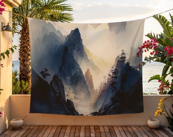 Durable Polyester Tapestry, Hemmed Edge Wall Hanging, Fine Art Print Quality, Misty Mountain Fabric Decor, Lightweight Wall Covering