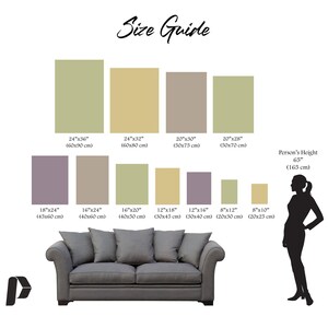 May include: A size guide for a sofa with different size options in inches and centimetres. The guide shows the dimensions of the sofa in relation to a person's height. The sofa is grey and has a tufted back.