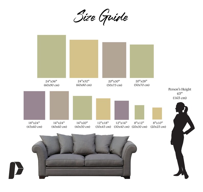 May include: A size guide for a sofa with different size options in inches and centimetres. The guide shows the dimensions of the sofa in relation to a person's height. The sofa is grey and has a tufted back.