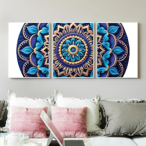 Conjunto de 3 mandalas azules y violetas para pared, tríptico floral con joyas esculpidas, decoración espiritual moderna, conjunto de galería azul verdoso.