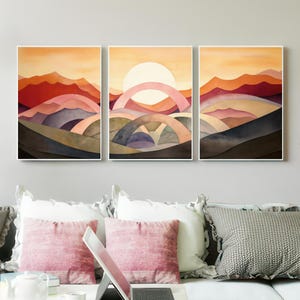 Set of 3 Gradient Layer Wall Art, Abstract Mountain Triptych Prints, Warm Orange & Red Decor, Modern Boho Gallery Set for Interior