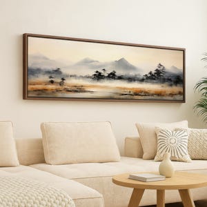 Japandi Wall Art, Framed Canvas Landscape Painting, Minimalist Wabi Sabi Decor, Neutral Mountain Print, Long Horizontal Art for Living Room