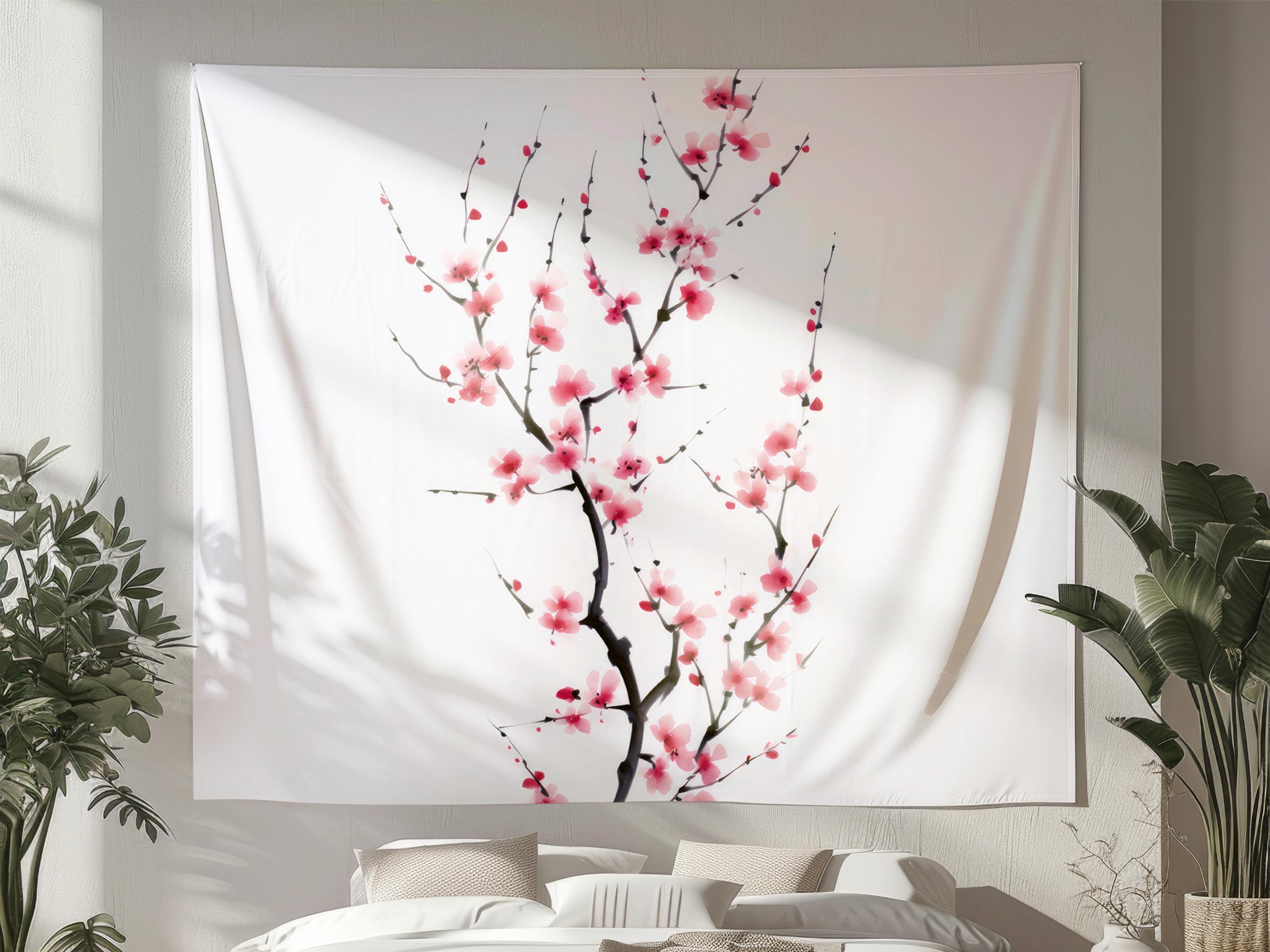 禅の桜タペストリー、ミニマリストの壁飾り、穏やかなピンクの花びら