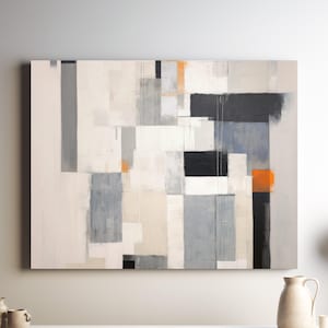 Könnte beinhalten: Abstrakte geometrische Leinwandkunst mit einer Komposition aus rechteckigen und quadratischen Formen in Weiß-, Grau-, Schwarz- und Orangetönen. Das Kunstwerk hat eine moderne, minimalistische Ästhetik, geeignet für die Inneneinrichtung.