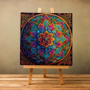 K&ouml;nnte beinhalten: Ein farbenfrohes Mandala-Gem&auml;lde auf Leinwand, mit einem kreisf&ouml;rmigen Design mit filigranen Details in Blaut&ouml;nen, Lila, Rosa und Gold. Die Leinwand wird auf einem Holzstaffelei pr&auml;sentiert.