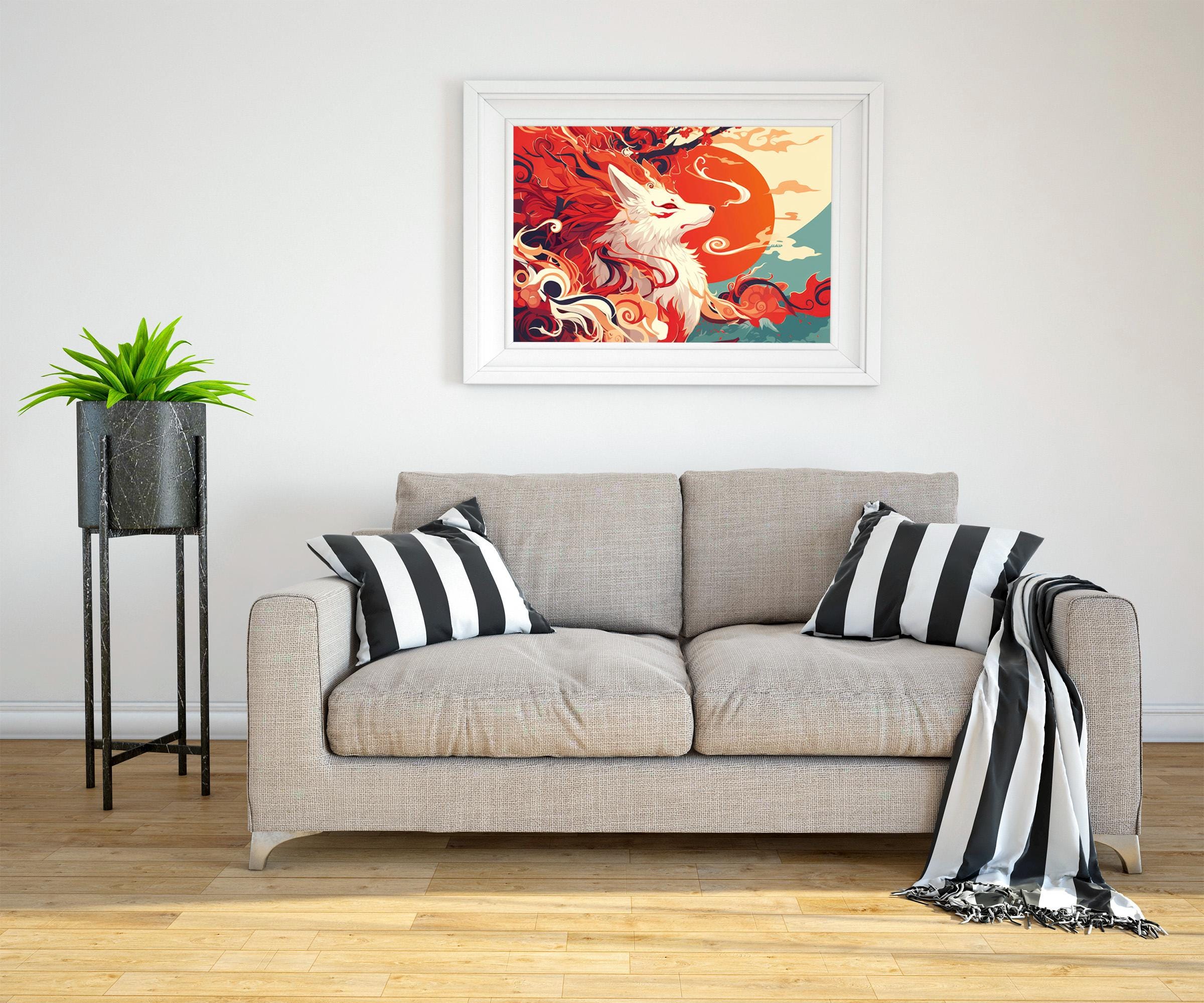 Living Room Nine-tailed Fox Art, Japanese Folklore Landscape