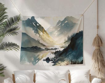 Horizontal Lake Tapestry, Mountain Scenery Wall Hanging, Statement Fabric Art, Abstract Nature Decor for Living Room, Calming Landscape