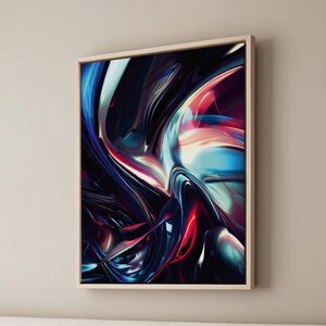 May include: Abstract art print with swirling blue, red, and purple colours. The artwork is framed in a light wood frame.