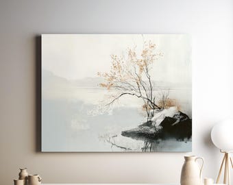 Japandi Wohnzimmer Leinwand, rustikale minimalistische Wandkunst, skandinavische japanische Wohnkultur, ruhiger Landschaftsdruck, Wabi Sabi Hygge Leinwand