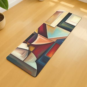 Geometrisk abstrakt yogamatta, livfulla korsande former, dynamisk träningsmatta, träningsmatta i djärva nyanser, pilatesmatta för modern konst, zenövning