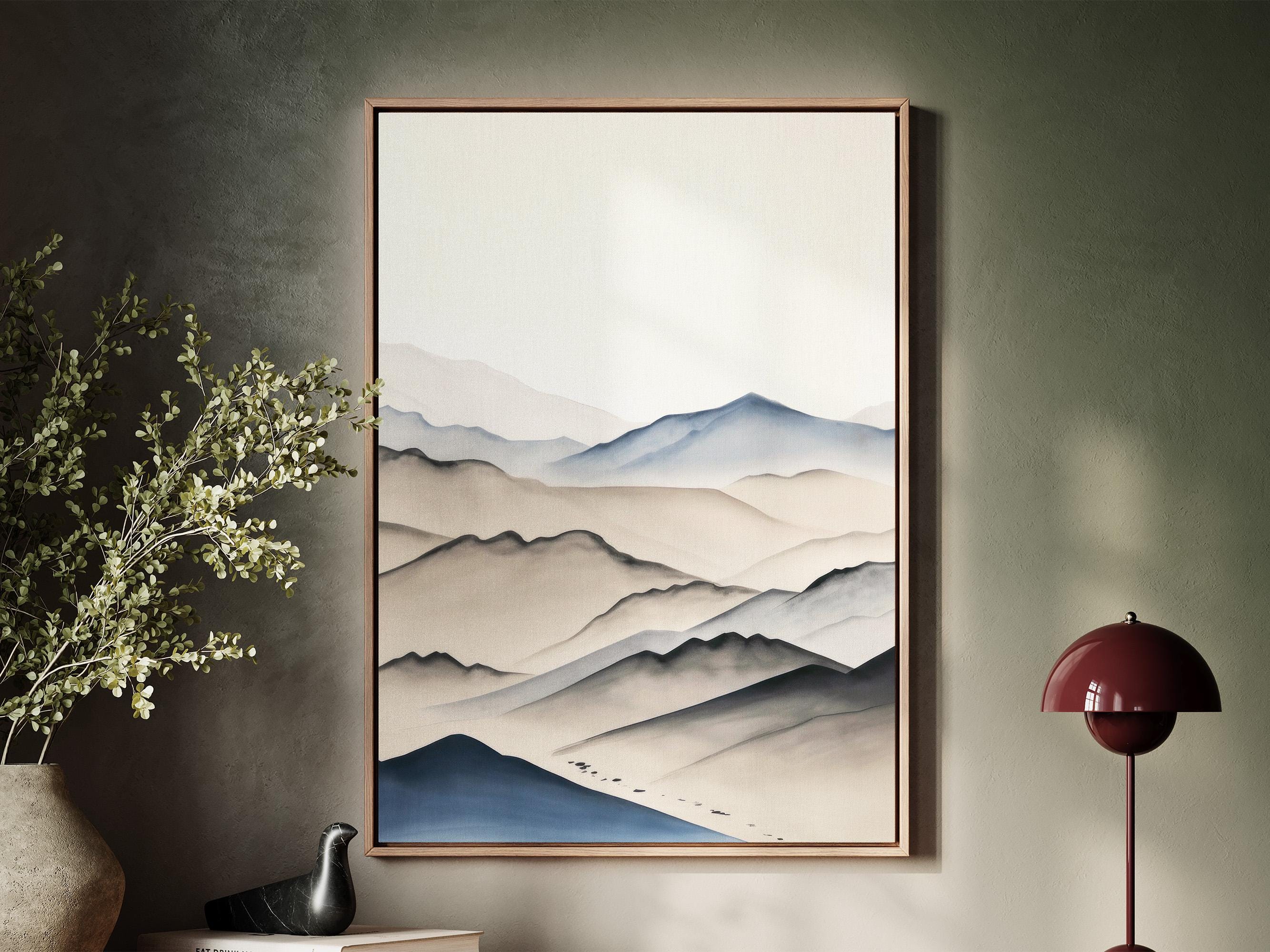 Minimalist Zen Mountain Portrait Framed Canvas, Foggy Landscape