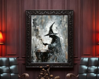 May include: An abstract painting of a witch in a black hat and cloak, stirring a cauldron. The artwork is framed in a dark, ornate frame and hangs on a burgundy paneled wall. The painting has a dark, gothic theme.