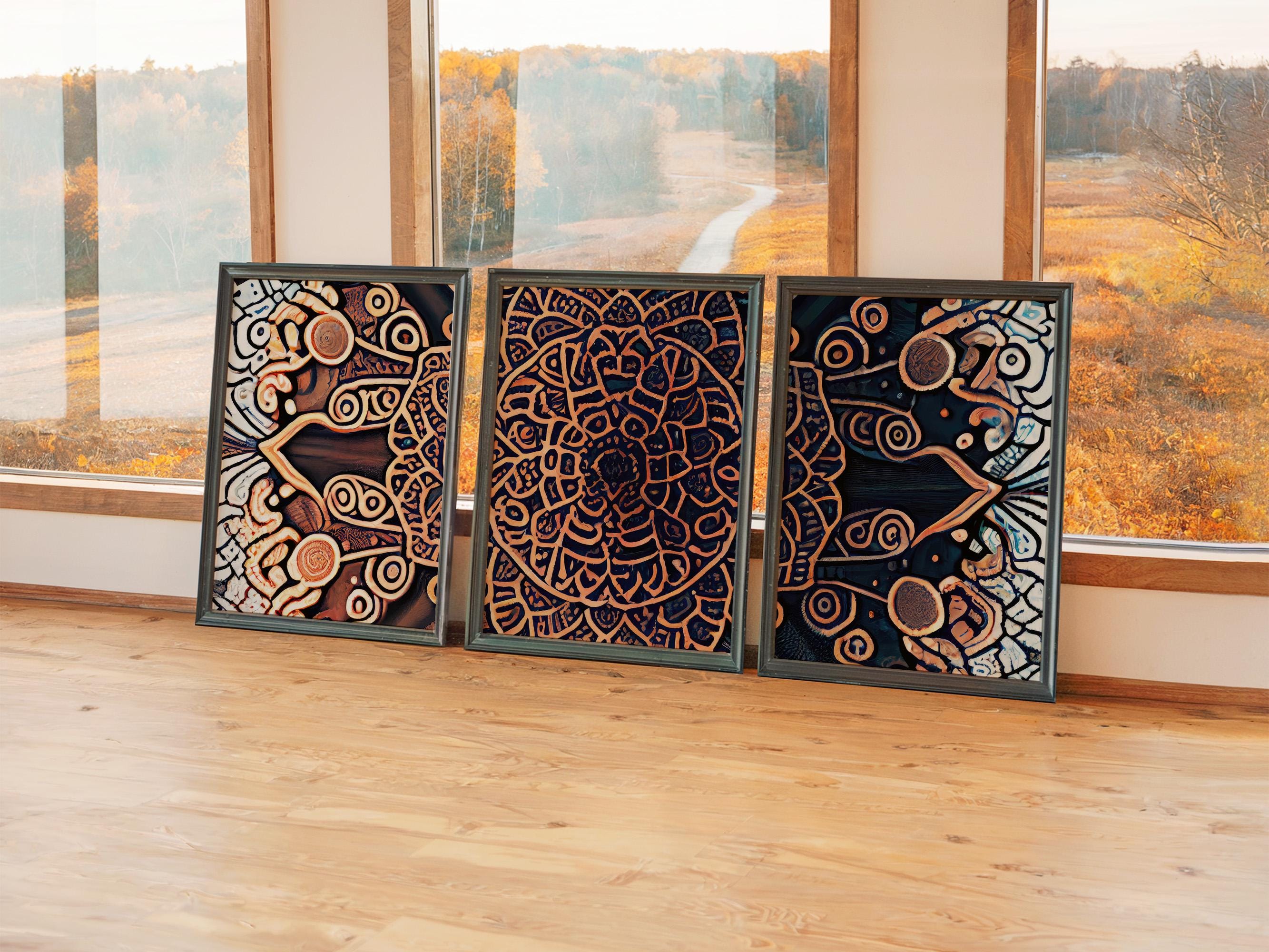 Set of 3 Jewel Tone Wall Art, Copper-gold & Dark Indigo Mandala