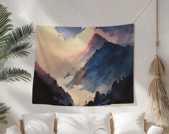 High Quality Tapestry, Durable Polyester Wall Art, Crisp Detail Print, Mountain Watercolor Decor, Hemmed Edge Fabric Hanging, Vibrant Colors