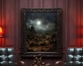 May include: A framed dark landscape painting depicting a graveyard scene under a moonlit sky. The artwork is in a dark, ornate frame, hanging on a red paneled wall. Two black leather chairs flank the painting, with lamps on either side.