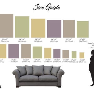 May include: A size guide graphic displays various rectangular art print sizes, including 28"x40", 24"x36", and 20"x24". A sofa and a silhouette of a person (65" or 165 cm tall) are also shown for scale. The text "Size Guide" is at the top.