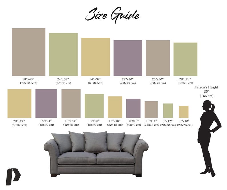 May include: A size guide graphic displays various rectangular art print sizes, including 28"x40", 24"x36", and 20"x24". A sofa and a silhouette of a person (65" or 165 cm tall) are also shown for scale. The text "Size Guide" is at the top.